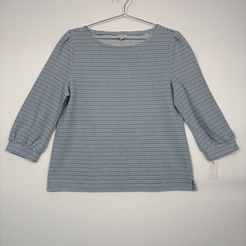 Talbots Womens 3/4 Sleeve Striped Boat Neck Top L Blue White Black NWT Cotton